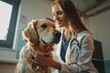 Woman in lab coat showing affection to a dog, suitable for veterinary or medical concepts