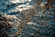 Close up of a fishing net with water background, ideal for fishing or aquatic themes