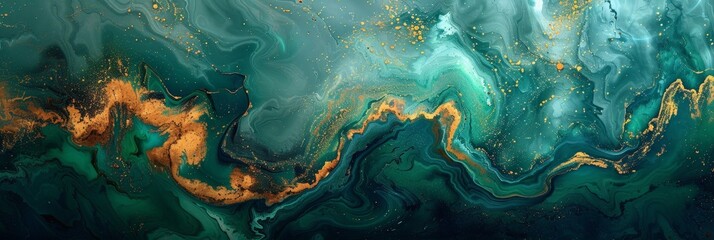Poster - Rich green hues blend with shimmering gold accents in a captivating abstract painting, evoking a sense of enchantment and mystery