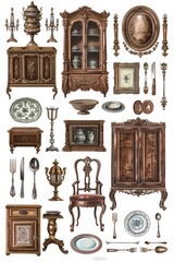 Wall Mural - A collection of antique furniture featuring a dining room table. Perfect for interior design projects