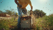 Beekeeper managing hive amidst buzzing bees in the garden.