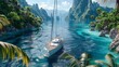 Hyper realistic close up of sailing on a yacht amidst nearby islands in ultra realism
