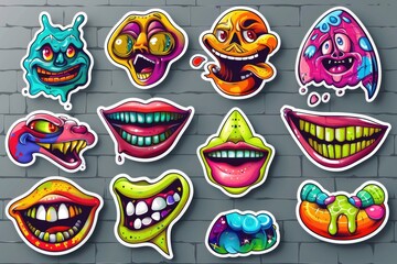 Sticker - Colorful cartoon stickers adorning a brick wall. Perfect for adding a fun touch to any design project