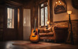 An acoustic guitar in the foreground, symbolizing music and passion, with a blurred cozy room with soft lighting in the background