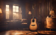 An acoustic guitar in the foreground, symbolizing music and passion, with a blurred cozy room with soft lighting in the background