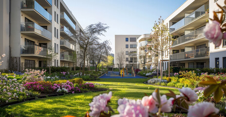 A multistory apartment building stands tall behind a lush garden filled with vibrant flowers, green shrubs, and meandering pathways