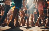 Fototapeta Las - Low angle view of a crowd's feet at a music festival, lively dance steps, and festival vibes