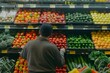 Workers restocking shelves with fruits and vegetables, emphasizing the abundance of locally sourced, farm-fresh products available to consumers