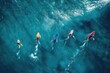 Group of people riding surfboards on water. Suitable for sports and leisure concepts