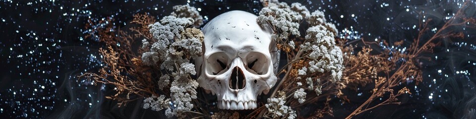 skull with dried flowers.