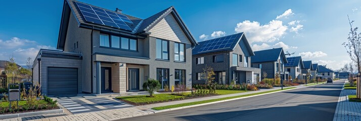 Wall Mural - A vibrant row of houses adorned with solar panels on their roofs, harnessing renewable energy to power homes and reduce environmental impact