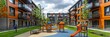 A colorful and vibrant play area for children in an apartment complex, with swings, slides, monkey bars, and a sandbox, all surrounded by lush greenery