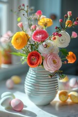 Poster - A vibrant vase overflows with a variety of blossoming flowers in an array of colors, creating a stunning and lively centerpiece