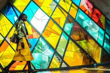 Aufkleber - A woman walks past a vibrant, multicolored stained glass window, casting prismatic reflections on the ground as she moves