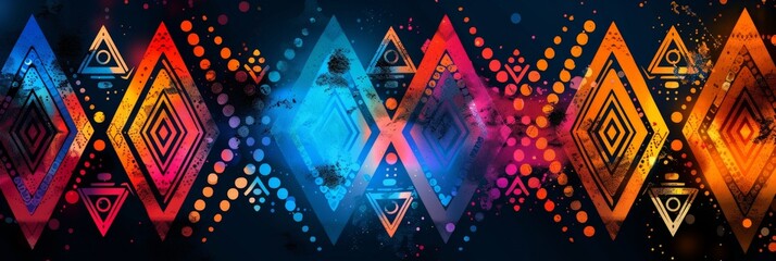 Poster - Multicolored triangles and dots come together in a dazzling display of geometric artistry, creating a vibrant and dynamic abstract background
