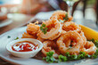 Fried squid ring in restaurant with sauce. Generative AI