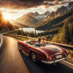 A couple is riding in a red vintage car on a winding road near a lake and mountains. The sun is setting in the background.