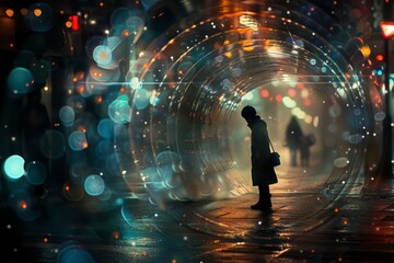 Fototapete - A person stands in awe before a mesmerizing light tunnel, filled with colors and patterns, illuminating the surrounding darkness