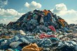 A colorful pile of clothes is precariously perched on top of a mound of brown dirt, creating an unexpected juxtaposition of textures