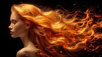 Poster -   A woman's hair billows in the wind, accented by vibrant orange and red streaks resembling flames