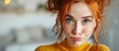 Freckled Redhead's Playful Gaze with a Twist of Humor. Concept Redhead Portraits, Freckled Model, Humorous Expressions, Playful Poses