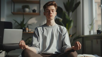 Poster - Man Meditating in Office Setting