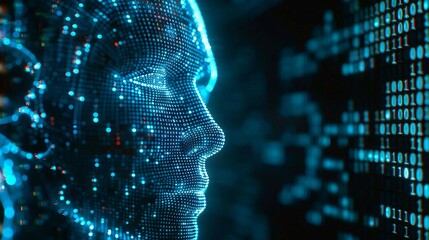 blue digital face with data streams, the integration of artificial intelligence into facial recognition technology, security systems, identity verification processes, user experiences.
