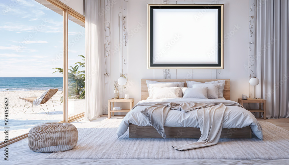 3d render of a modern bedroom interior with sea view and beach with ...