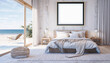 3d render of a modern bedroom interior with sea view and beach with Elegant Photo Frame mockup