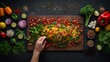 A hand reaches out to a cutting board with layered slices of vegetables surrounded by vegetables, spices and herbs.
