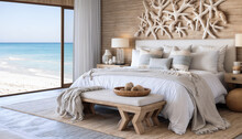 3d Rendering Luxury Bedroom Suite In Tropical Hotel With Sea View Background