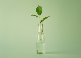 Clear bottle containing young green plant. Transparent vessel with sprout. Concept of environmental conservation, new life, green future, and natural purity. Isolated on light green background