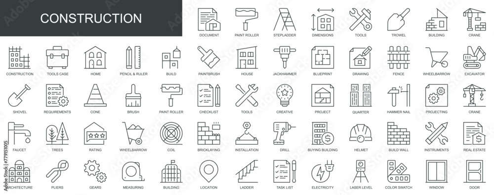 Construction web icons set in thin line design. Pack of paint roller ...
