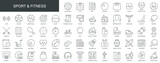 Fototapeta Panele - Sport and fitness web icons set in thin line design. Pack of volleyball, pool, diet, scales, pulse, gym, pharmacology, workout, exercise, boxing, other outline stroke pictograms. Vector illustration.
