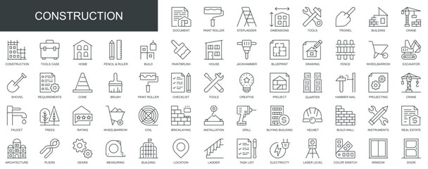 Poster - Construction web icons set in thin line design. Pack of paint roller, step ladder, tools, trowel, building, crane, drawing, fence, real estate, other outline stroke pictograms. Vector illustration.
