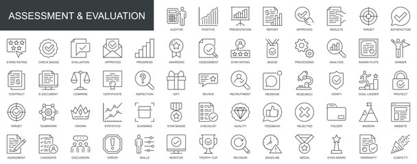 Poster - Assessment and evaluation web icons set in thin line design. Pack of auditor, presentation, report, results, target, satisfaction, rating, award, other outline stroke pictograms. Vector illustration.
