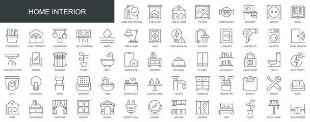 Wall Mural - Home interior web icons set in thin line design. Pack of desktop, book, stationery, chandelier, lamp, shower, laundry, door, dresser, electricity, other outline stroke pictograms. Vector illustration.