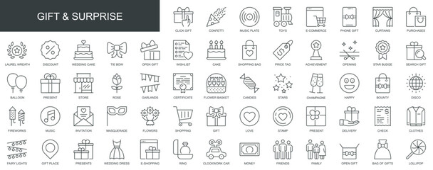 Poster - Gift and surprise web icons set in thin line design. Pack of confetti, music, toy, e-commerce, laurel wreath, discount, wishlist, price tag, cake, other outline stroke pictograms. Vector illustration.