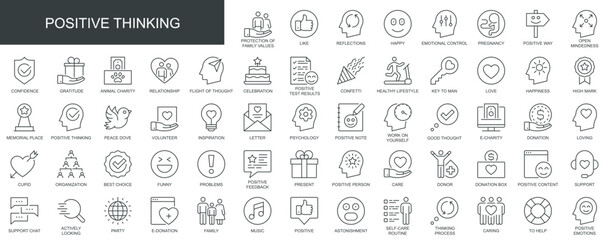 Poster - Positive thinking web icons set in thin line design. Pack of family value, reflection, emotional control, confidence, gratitude, relationship, other outline stroke pictograms. Vector illustration.