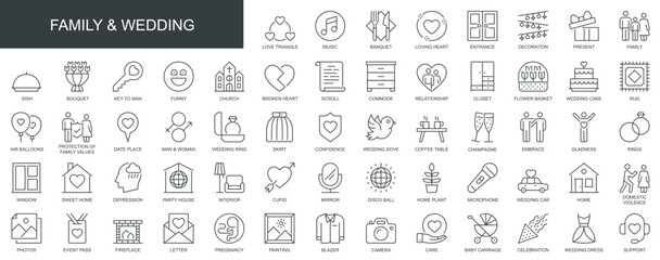 Poster - Family and wedding web icons set in thin line design. Pack of relationship, love triangle, banquet, church, flower bouquet, care, support, photos, other outline stroke pictograms. Vector illustration.