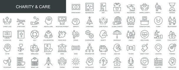 Leinwandbilder - Charity and care web icons set in thin line design. Pack of donation, healthcare, money, clothes, helicopter, organization, volunteer, shelter, other outline stroke pictograms. Vector illustration.
