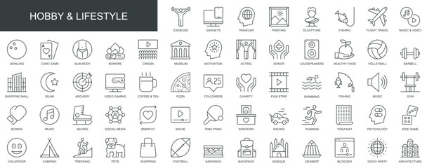 Aufkleber - Hobby and lifestyle web icons set in thin line design. Pack of exercise, gadget, traveler, sculpture, museum, gym, social media, psychology, game, other outline stroke pictograms. Vector illustration.