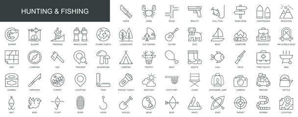 Poster - Hunting and fishing web icons set in thin line design. Pack of knife, mountain, trekking, binoculars, camping, pull fish, mushroom, forest, map, other outline stroke pictograms. Vector illustration.