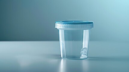 Wall Mural - Transparent urine analysis container with lid. Clear specimen cup on a blue backdrop. Concept of urinalysis, medical examination, and specimen collection. Banner. Copy space.