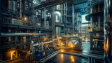 Fototapeta Boho - A modern chemical manufacturing plant with reactors, mixing vessels, and control panels, momentarily still but capable of producing a wide range of chemical compounds