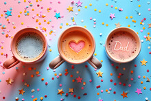 Three Coffee Cups With "I Love You Dad" Message, Festive Background.