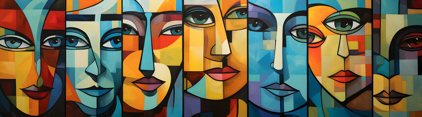 Wall Mural - Mosaic of faces in the style of cubism, each face is unique with different colors and patterns