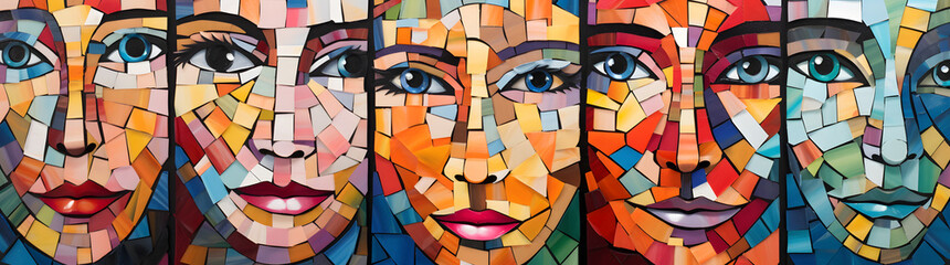 Wall Mural - Mosaic of faces in the style of cubism, each face is unique with different colors and patterns