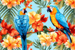 Seamless pattern with parrots and acacia flowers bright colors, summer hawaiian style background for fabric, fashion, wallpaper and backdrop