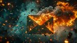 Fiery explosion of an envelop icon - A dramatic representation of a digital envelope icon engulfed in flames and sparks, symbolizing urgent or volatile communication
